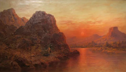 Intian metsästäjä auringonlaskun aikaan